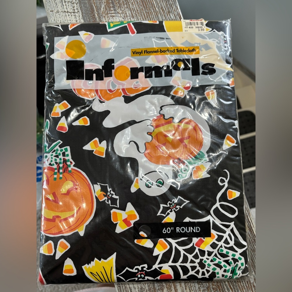 Vintage Halloween Vinyl Round Tablecloth NEW Retro Ghost Pumpkin
